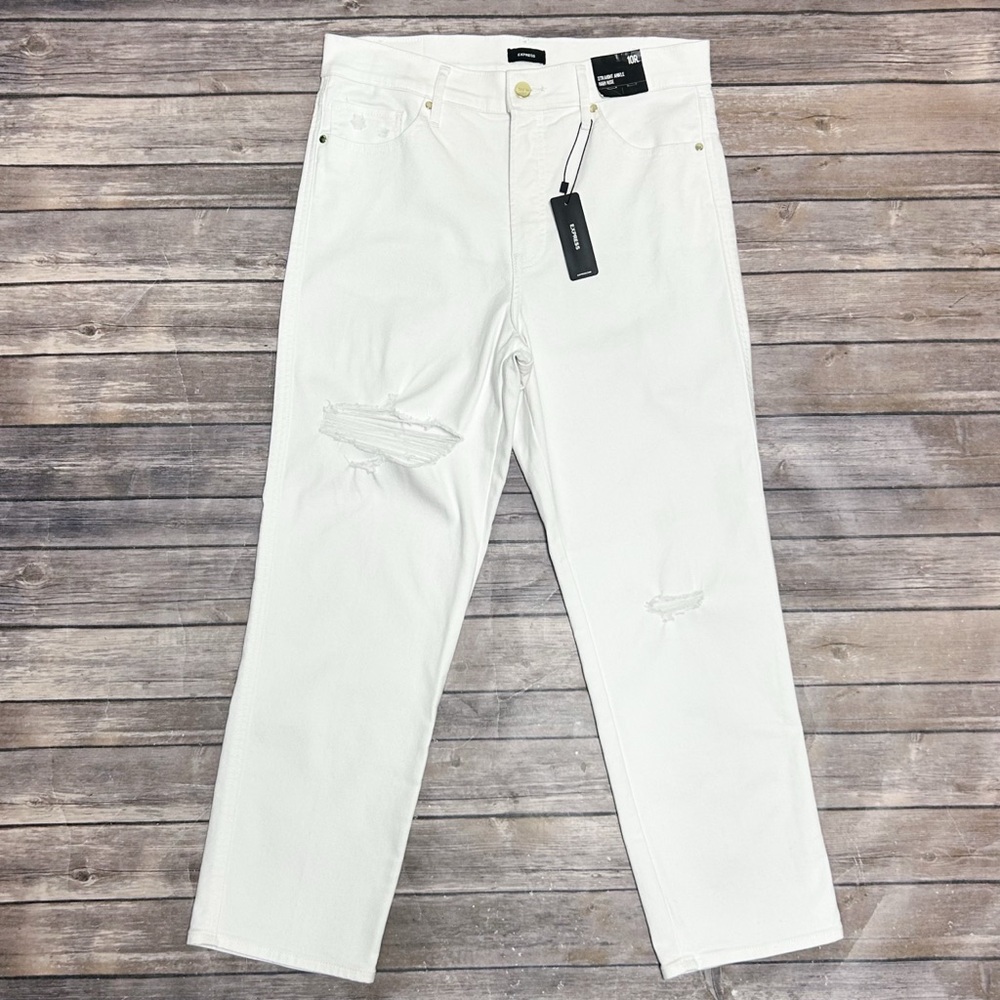 Express White Straight Leg Ankle Length High Rise Distressed Jeans New 10 R 10R